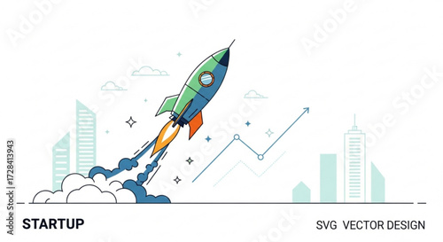 Illustration of a rocket launching with smoke and flames in front of city buildings and an upward graph created with generated ai