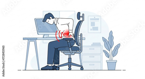 Illustration of a man experiencing back pain while sitting at a desk in an office environment setup created with generated ai