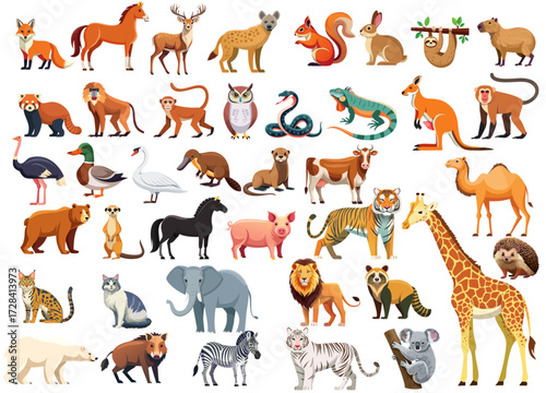 Set of flat vector illustrations of various animals