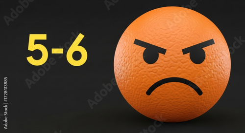 An orange with an angry expression next to the yellow number five dash six on a dark gray background created with generated ai