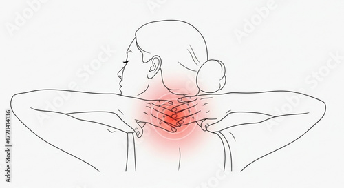 Woman massaging her neck with hands showing red area indicating pain and discomfort on a white background created with generated ai