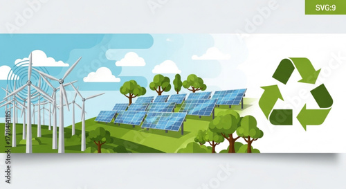 Illustration of wind turbines solar panels trees and recycle symbol on a green hill under a blue sky created with generated ai