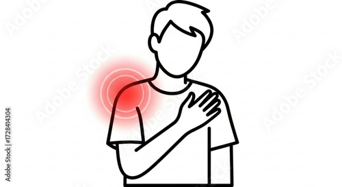 Person with shoulder pain indicated by red circles and hand on chest in a line art drawing style created with generated ai