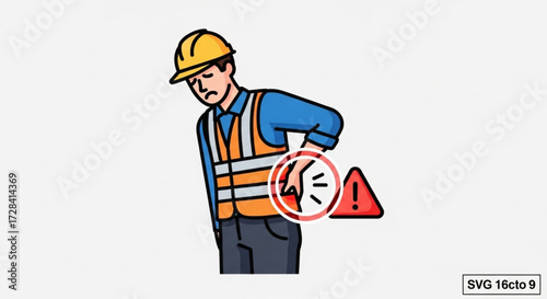 Illustration of a construction worker with back pain next to a red warning triangle sign on white background created with generated ai