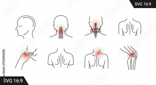 Illustration showing different body parts with pain points including head neck back hand shoulder knee area created with generated ai