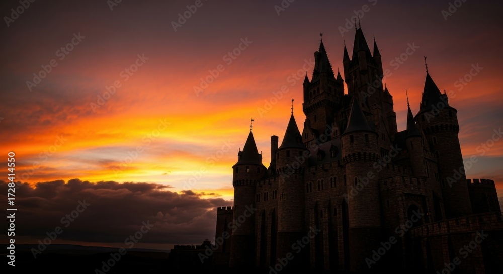 Fototapeta premium Historic Castle Silhouette During Vibrant Sunset Sky with Dramatic Clouds