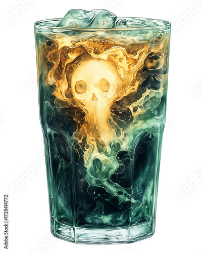 Ghost soda drink with watercolor glowing green soda with ghost inside, perfect for Halloween green soda designs and Halloween soda watercolor ghost drink art with PNG die-cur for advertising 
