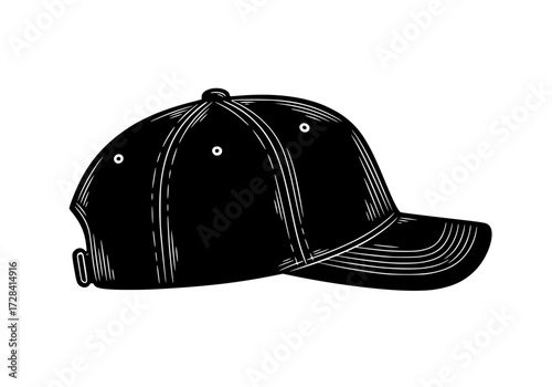 Vector art of black baseball cap with stitched seams and curved brim
