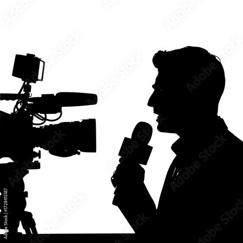 Vector art of silhouette of videographer holding camera and microphone