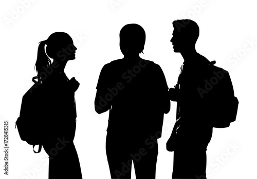 Vector art of silhouettes of three people engaged in conversation, one with backpacks
