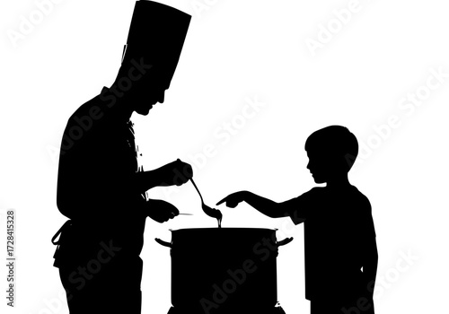 Vector art of silhouette of chef and child cooking together in kitchen scene