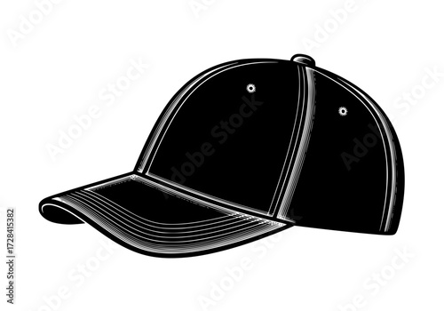 Vector art of black baseball cap with doublestitched brim and curved visor