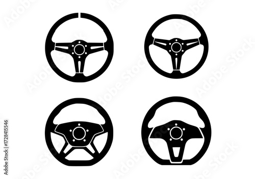 Vector art of four black steering wheels with sporty and classic designs