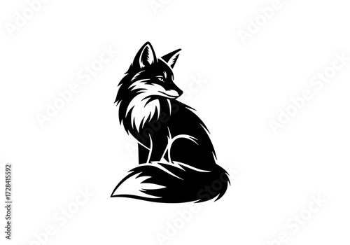 Vector art of black and white fox illustration with tail curled