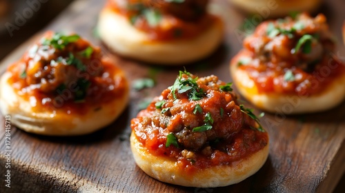 Mini pizza buns topped with sausage and meat sauce