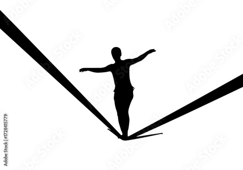 Vector art of silhouette of person balancing on tightrope against white sky, symbolizing focus and determination