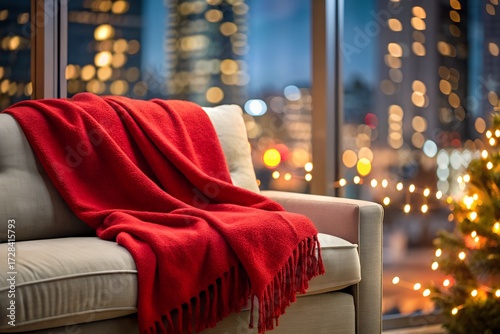 Cozy red blanket draped over a comfortable sofa with a christmas tree and city lights in the background, creating a warm and festive holiday atmosphere