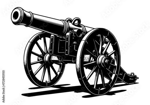 Vector art of vintage black and white illustration of a 19thcentury military cannon with wooden wheels