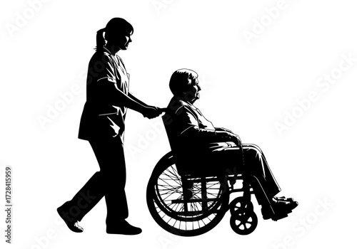 Vector art of caregiver assisting elderly person in wheelchair, showing support and mobility aid