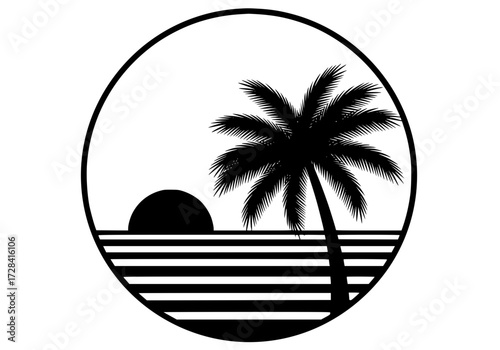 Vector art of minimalist black and white palm tree and sunset logo