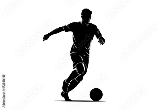 Vector art of silhouette of soccer player kicking ball in midaction