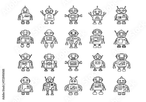 Vector art of collection of 25 unique robot icons for digital and print designs