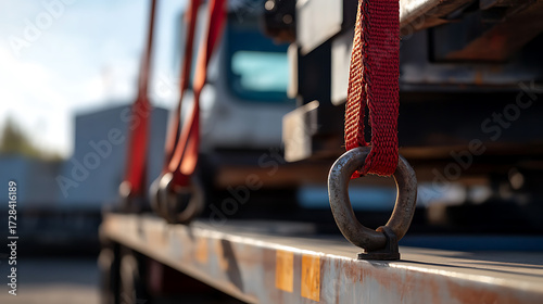 Truck bed cargo secured with heavy-duty straps, ensuring safe transit. Metal hook and textured red strap provide secure tie-down for transportation.