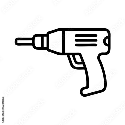 A line art illustration of a power drill. A black and white outline drawing on a white background.