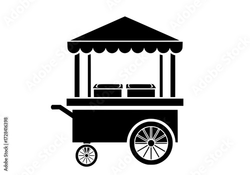 Vector art of black and white illustration of a mobile food cart with canopy and wheels