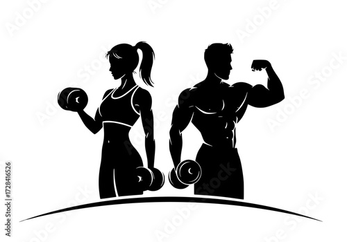 Vector art of silhouette of man and woman holding dumbbells, emphasizing fitness and strength training