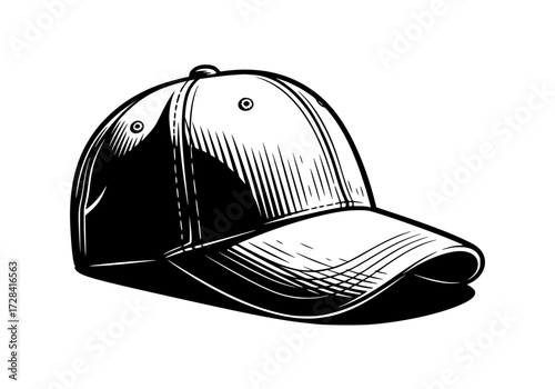 Vector art of classic black baseball cap with curved brim and stitched design