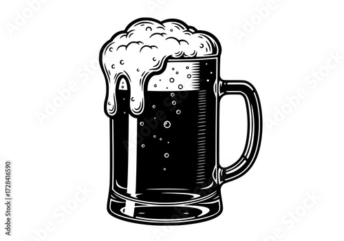 Vector art of vintage black and white illustration of foamy beer mug