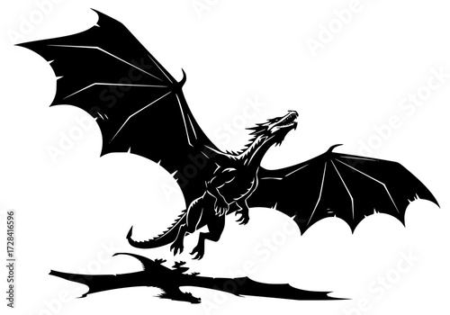 Vector art of majestic black dragon silhouette with spread wings and claws, mythical fantasy artwork