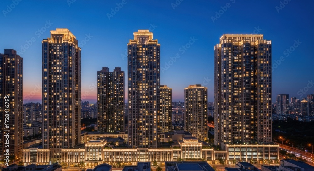 Fototapeta premium Nighttime Cityscape of Tall Modern Skyscrapers Illuminated in Urban Skyline