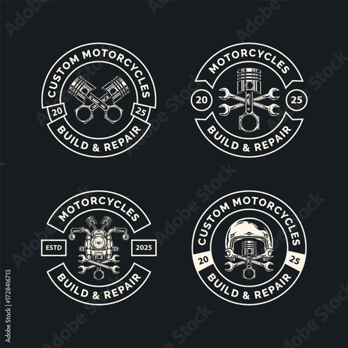 Vintage motorcycle club emblems for the open road enthusiast, perfect for apparel designs or custom garage art, repair shop, offering classic designs. 