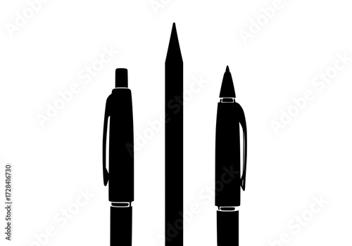 Vector art of three black pens with different tip styles and sizes