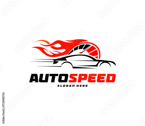 dynamic logo showing a stylized sports car silhouette moving fast, with a speedometer and red flames