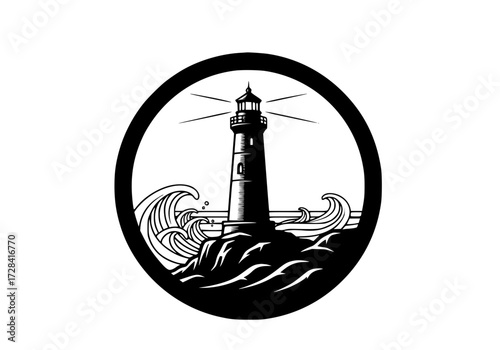 Vector art of vintage black and white lighthouse logo with waves