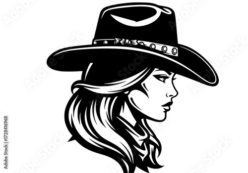 Vector art of vintage cowgirl illustration with cowboy hat profile