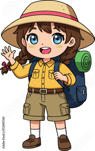 Cute cartoon girl explorer with hat and backpack waving hand, happy child hiker ready for outdoor camping nature adventure travel fun