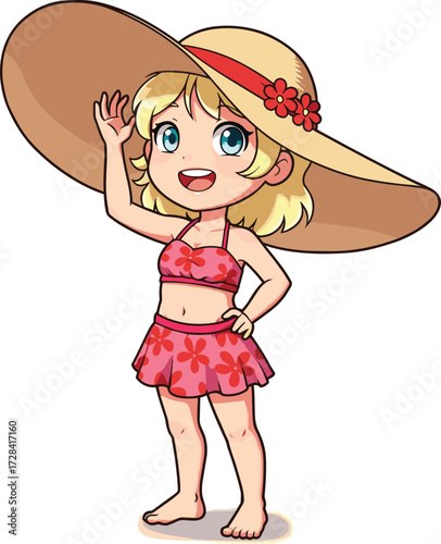 Cute cartoon girl in swimsuit, wearing big summer hat, waving hand, smiling, beach outfit, tropical style, vector illustration, holiday