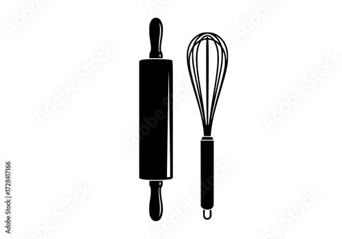 Vector art of black rolling pin and whisk for baking and cooking
