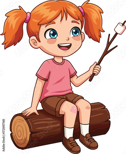 Cute cartoon girl sitting on log roasting marshmallow with stick, happy child camping outdoors enjoying sweet treat forest adventure fun