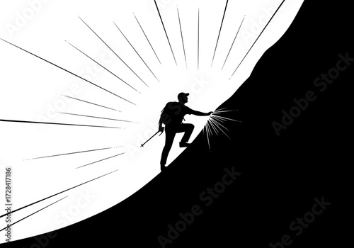 Vector art of silhouette of climber scaling steep mountain under radiant sunlight beams