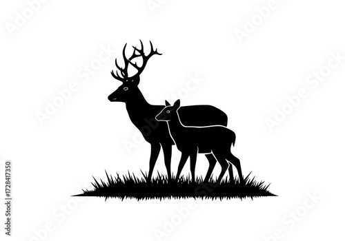Vector art of silhouette of adult and baby deer standing in grass