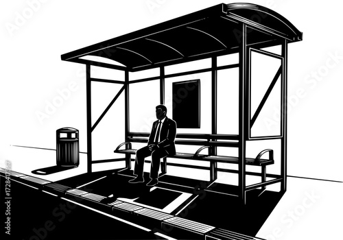 Vector art of lone person waiting at modern bus stop shelter with roof and bench in urban setting