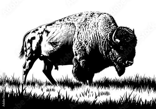 Vector art of black and white illustration of a majestic buffalo standing in a grassland
