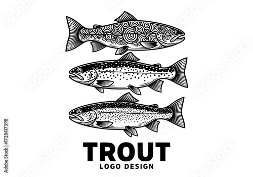 Vector art of three trout fish logo designs with minimalist art style