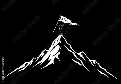 Vector art of minimalist black and white illustration of mountain peak with flag silhouette