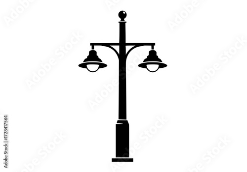 Vector art of classic black street lamp post with dual lanterns